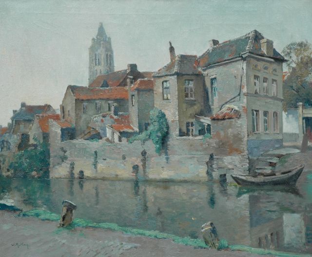 Willem Alexander Knip | De Schelde ter hoogte van de Smallendam met zicht op de Walburgakerk, Oudenaarde, olieverf op doek, 51,0 x 60,5 cm, gesigneerd l.o.