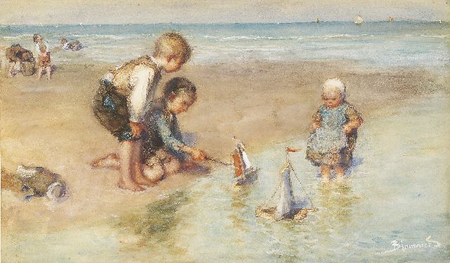 Bernard Blommers | Spelen aan het strand, aquarel en gouache op papier, 31,8 x 54,5 cm, gesigneerd r.o.