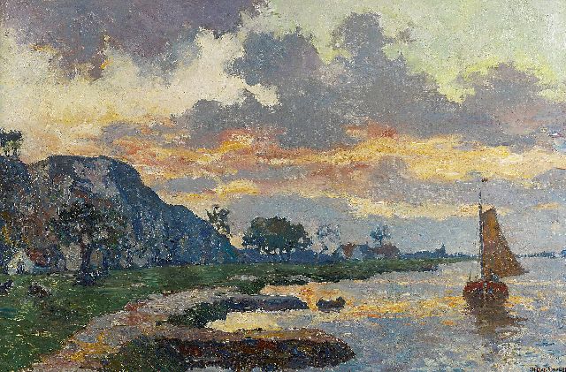 Charles Dankmeijer | De Grebbeberg langs de Rijn bij Rhenen, bij zonsopgang, olieverf op doek, 60,2 x 94,2 cm, gesigneerd r.o.