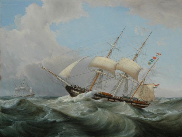 Casparus Johannes Morel | Zeilende bark op ruwe zee (pendant van 10879), olieverf op paneel, 37,6 x 49,9 cm, gesigneerd r.o. en gedateerd 1856