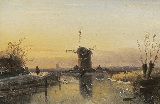 Charles Leickert | Schaatser en wandelaar bij ondergaande zon, olieverf op doek, 19,4 x 27,8 cm, te dateren ca. 1848