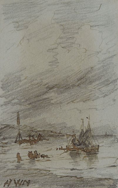 Hendrik Willem Mesdag | Bomschuiten bij de Scheveningse vuurtoren, potlood, pen in bruine inkt op papier, 10,1 x 6,4 cm, gesigneerd l.o. met initialen