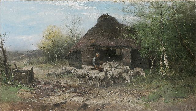 Johan Frederik Cornelis Scherrewitz | Bij de schaapskooi, olieverf op doek, 70,3 x 125,3 cm, gesigneerd r.o.