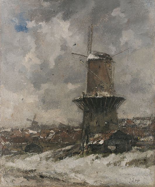 Jacob Maris | Stellingmolen in de sneeuw, olieverf op doek, 111,0 x 93,0 cm, gesigneerd r.o. en te dateren 1890