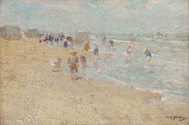 Willy Sluiter | Pootje baden op het strand van Scheveningen, olieverf op doek, 30,9 x 45,9 cm, gesigneerd r.o.