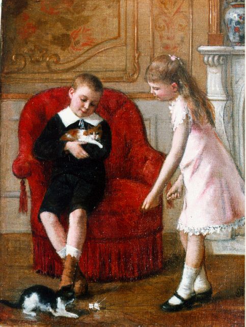 Albert Roosenboom | Spelen met de katjes, olieverf op doek, 24,2 x 18,4 cm, gesigneerd r.o. monogram en gedateerd '86