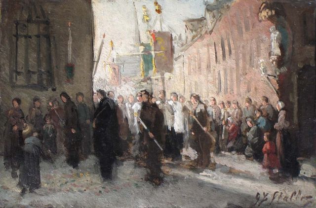 Gerard Johan Staller | Processie met vaandeldragers, olieverf op karton op paneel, 15,6 x 22,0 cm, gesigneerd r.o.