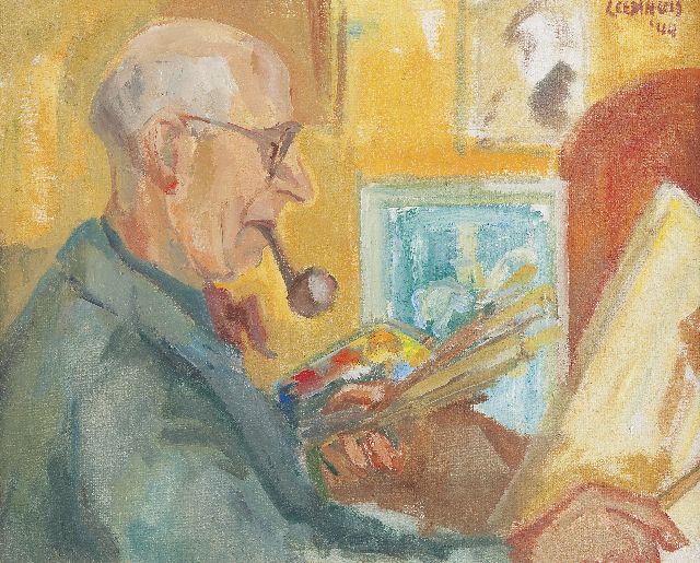 Hein Leemhuis | Portret van Jan Altink in het atelier, wasverf op doek, 50,3 x 62,2 cm, gesigneerd r.b. en gedateerd '44