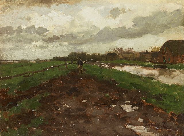 Jan Hendrik Weissenbruch | Huiswaarts bij buiig weer, olieverf op doek op paneel, 32,9 x 44,1 cm, gesigneerd r.o.