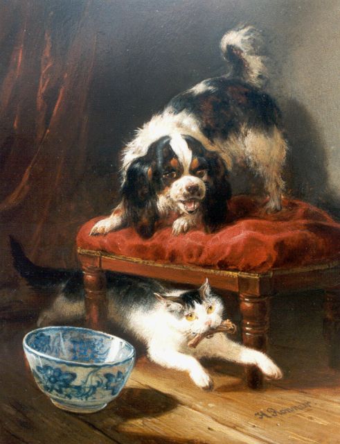 Henriette Ronner-Knip | Het gestolen bot, olieverf op paneel, 22,6 x 17,8 cm, gesigneerd r.o.