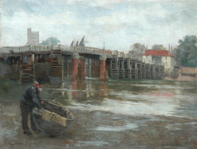 Johnson A.  | De oude brug, Putney, olieverf op doek op paneel 26,4 x 34,3 cm, gesigneerd r.o.