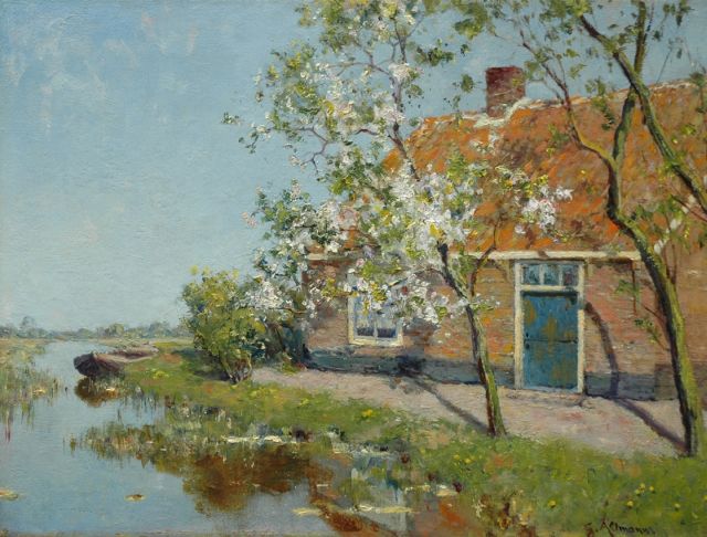 Gerard Altmann | Boerderij en bloesemboom aan de poldervaart, olieverf op doek, 30,7 x 40,9 cm, gesigneerd r.o.
