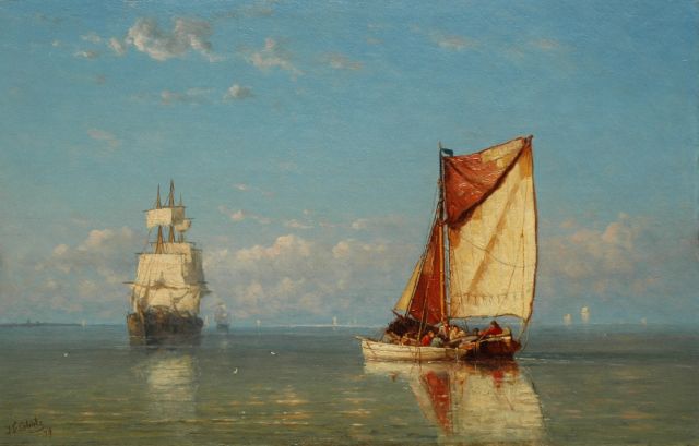 Jan Frederik Schütz | Driemaster en vissersvaartuig op Zeeuwse wateren, olieverf op paneel, 32,6 x 50,8 cm, gesigneerd l.o. en gedateerd '79