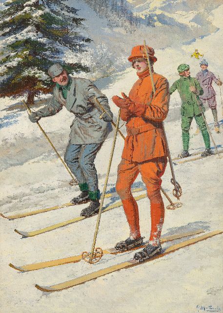 Fortunino Matania | Klaar voor de skitocht, olieverf op doek op board, 40,4 x 29,5 cm, gesigneerd r.o.