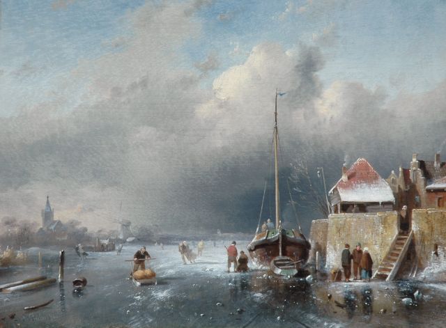 Charles Leickert | IJsgezicht bij naderende sneeuwstorm, olieverf op paneel, 24,2 x 31,2 cm, gesigneerd l.o. en gedateerd '64