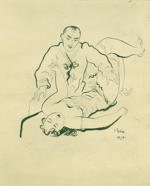 Sychra V.  | Vrijend paar, pen en inkt op papier 25,0 x 23,6 cm, gesigneerd r.o. en gedateerd 1927