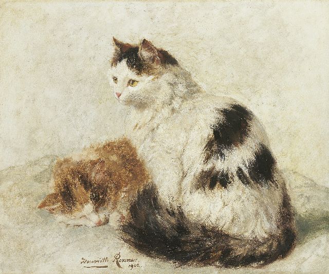 Henriette Ronner-Knip | Slapende roodbruine kat en wit gevlekte kat, olieverf op paneel, 36,9 x 45,0 cm, gesigneerd m.o. en gedateerd 1902