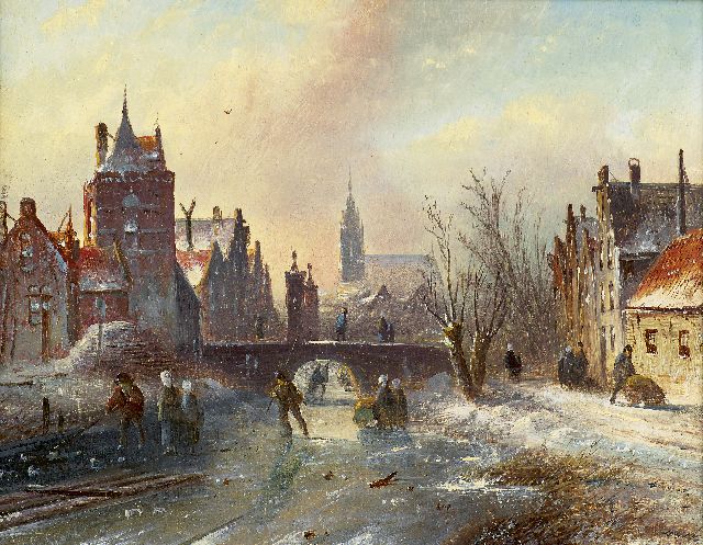 Jacob Jan Coenraad Spohler | Winterse stadsgracht met schaatsers, olieverf op paneel, 16,0 x 21,0 cm, gesigneerd l.o.