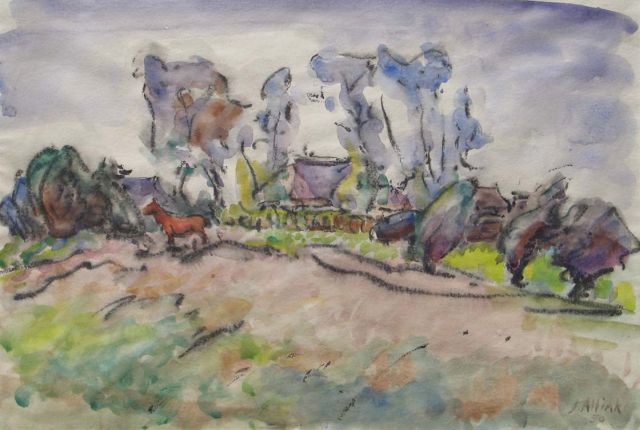 Jan Altink | Paard in hof, zwart krijt en aquarel op papier, 36,5 x 54,0 cm, gesigneerd r.o. en gedateerd '50