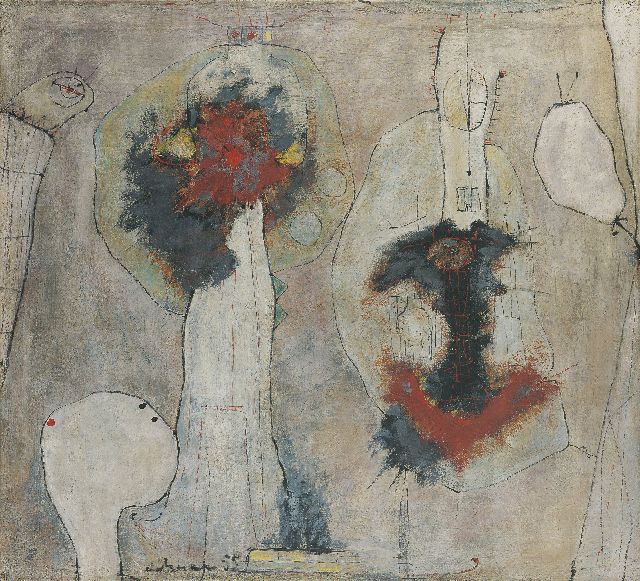 Wim de Haan | Zonder titel, olieverf en as op jute, 90,0 x 100,0 cm, gesigneerd l.v.h.m. en gedateerd '55