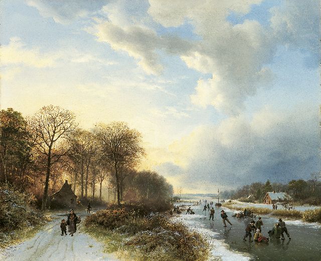 Barend Cornelis Koekkoek | Schaatsvertier bij avondzon, olieverf op paneel, 34,8 x 42,2 cm, gesigneerd l.o. en gedateerd 1835