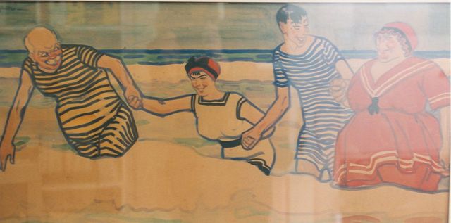 Willy Sluiter | Samen door de branding, aquarel op papier, 42,5 x 85,5 cm, gesigneerd l.b.