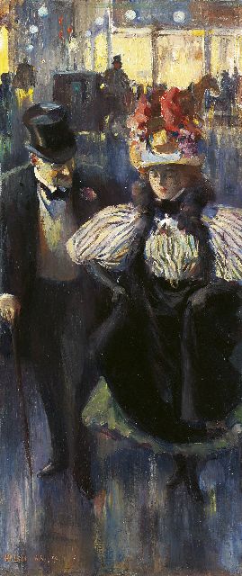 Arthur Lajos Halmi | Op weg naar het theater, olieverf op schildersboard, 46,3 x 20,2 cm, gesigneerd l.o. en gedateerd 'Mchn. [München] '99'