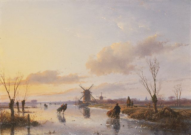 Andreas Schelfhout | IJsgezicht met schaatsers in de avondzon, olieverf op paneel, 47,1 x 66,3 cm, gesigneerd r.o. met initiaal A. en achternaam vaag en gedateerd 1845