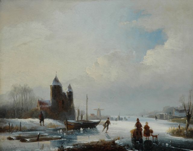 Jan Jacob Spohler | Schaatsers en landvolk bij een kasteel, olieverf op paneel, 20,5 x 26,2 cm, gesigneerd l.o.