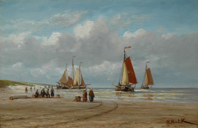 Hendrik Hulk | Terugkerende vissersvloot, olieverf op paneel, 17,8 x 27,0 cm, gesigneerd r.o.