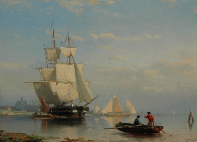Johan Rust | Oorlogsfregat, voor anker de zeilen drogend, olieverf op paneel, 23,9 x 33,2 cm, gesigneerd r.o.