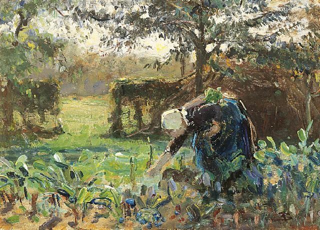 Bernard Blommers | In de moestuin, olieverf op doek, 25,0 x 35,3 cm, gesigneerd r.o. met monogram