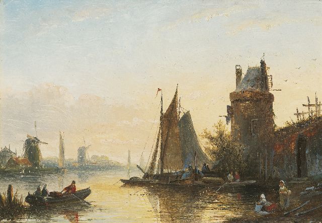 Jacob Jan Coenraad Spohler | Bedrijvigheid op een zomerse rivier (alleen tezamen met 11165), olieverf op paneel, 15,4 x 21,0 cm