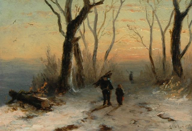 Louis Apol | Winters bosgezichtje bij avond, olieverf op paneel, 11,1 x 15,4 cm, gesigneerd r.o. en gedateerd 1867