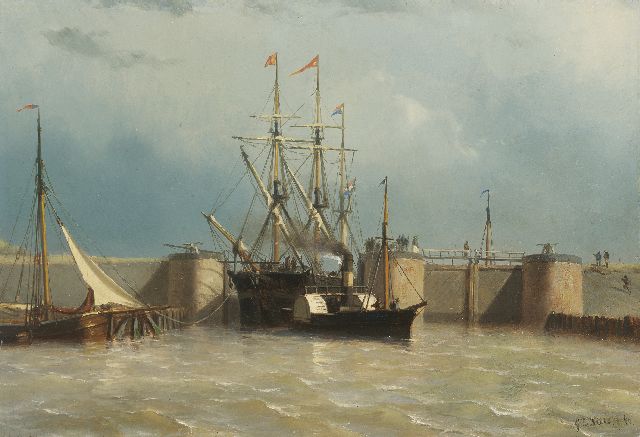George Lourens Kiers | Radersleepboot met clipper bij (vermoedelijk) de Willemsluis, Amsterdam, gezien vanaf het IJ, olieverf op paneel, 26,9 x 39,1 cm, gesigneerd r.o. en gedateerd '60