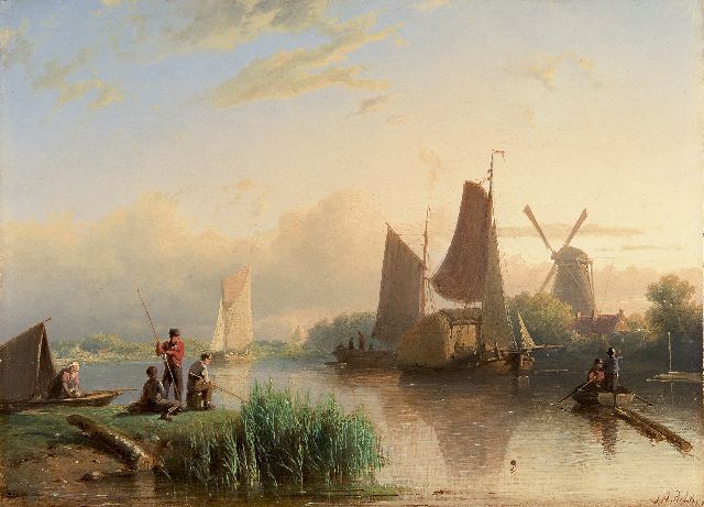 Johan Rust | Rivierlandschap met hengelaars, olieverf op paneel, 24,2 x 33,5 cm, gesigneerd r.o.