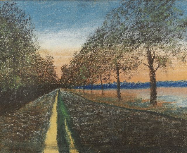 Oranje-Nassau (koningin Wilhelmina) W.H.P.M. van | Bomen langs een landweg - perspectiefstudie, pastel op papier 43,9 x 55,0 cm, gedateerd 'Het Loo 1920'
