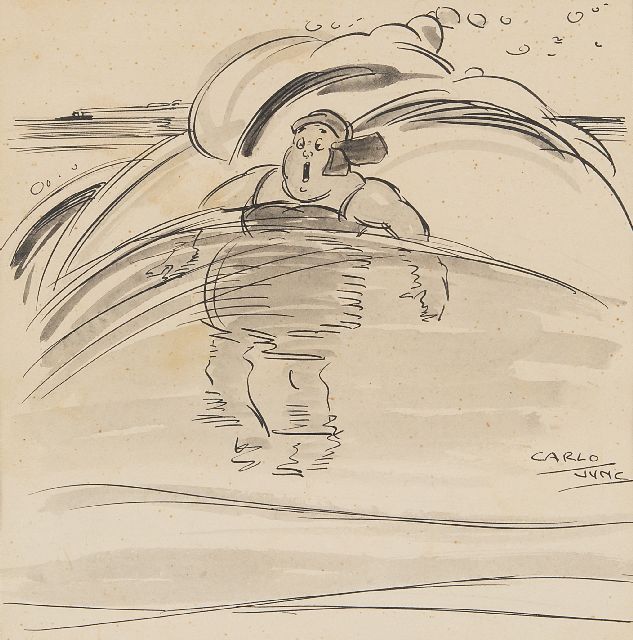 Carlo Jung | De onverwachte golf, Oost-Indische inkt op papier, 20,0 x 19,0 cm, gesigneerd r.o.