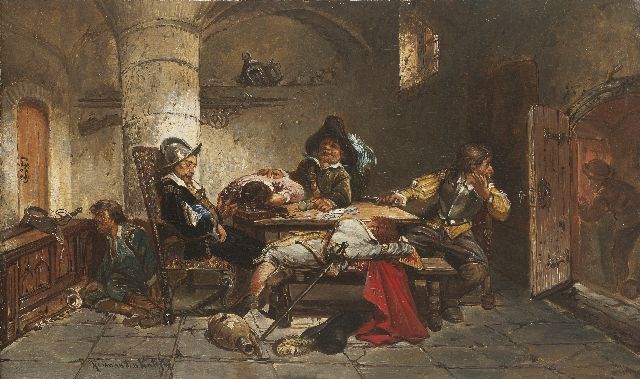 Herman ten Kate | Na het drinkgelag van de schutterij, olieverf op paneel, 16,3 x 27,1 cm, gesigneerd l.o.
