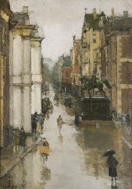Floris Arntzenius | Gezicht op het Noordeinde, Den Haag, met het standbeeld van koning Willem I, olieverf op doek, 62,4 x 43,5 cm, gesigneerd l.o.