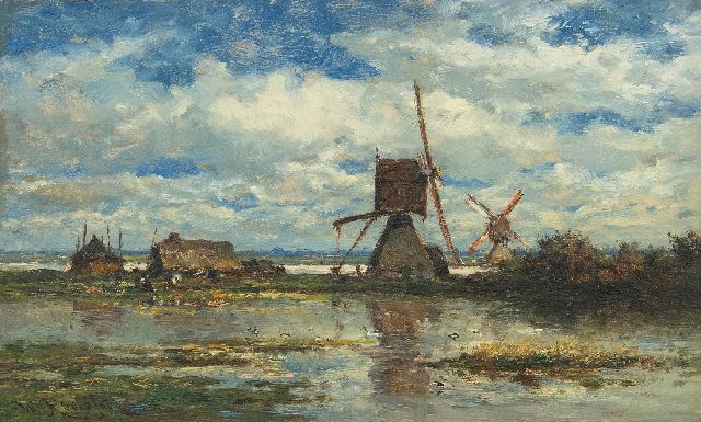 Willem Roelofs | De Boven- en Ondermolen van de polder Stolwijk (bij Gouda), olieverf op paneel, 14,8 x 24,0 cm, gesigneerd l.o. en te dateren ca. 1872-1875
