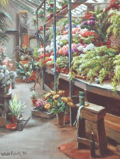 Willy Fleur | Bloemenkas van bloemist Meijer aan de Reinkenstraat, Den Haag, olieverf op doek, 49,9 x 40,3 cm, gesigneerd l.o. en gedateerd '38