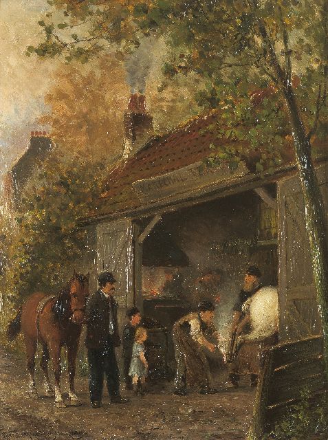 Christiaan Dommelshuizen | Bij de hoefsmid, olieverf op paneel, 34,9 x 26,4 cm, gesigneerd l.o. en gedateerd 1889