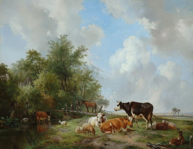 Hendrikus van de Sande Bakhuyzen | Vee aan de rand van een bos in een weids landschap, olieverf op paneel, 59,9 x 77,8 cm, gesigneerd r.o. en gedateerd 1838