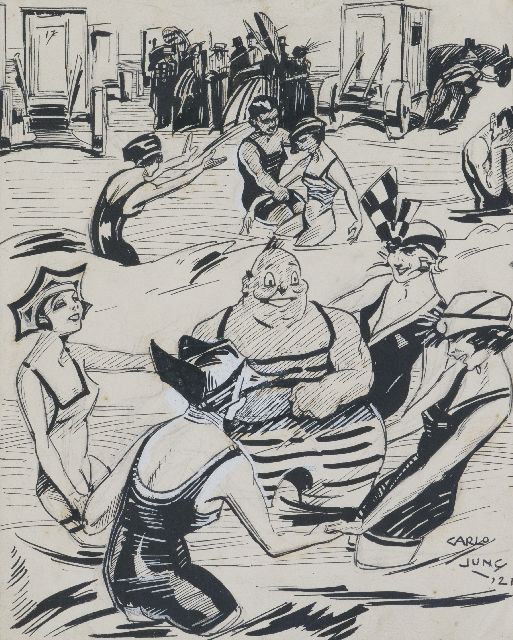 Carlo Jung | Badfestijn, Oost-Indische inkt op papier, 22,0 x 24,0 cm, gesigneerd r.o. en gedateerd '21