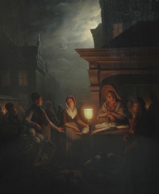 Petrus van Schendel | De vismarkt te Den Haag bij avond, olieverf op paneel, 84,3 x 69,4 cm, gesigneerd r.o.