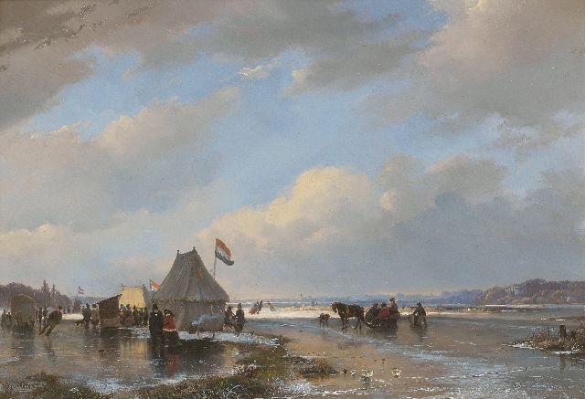 Frans Breuhaus de Groot | IJspret bij koek-en-zopietenten, olieverf op paneel, 25,6 x 36,3 cm, gesigneerd l.o.