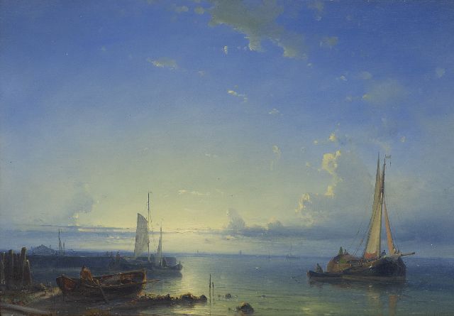 Abraham Hulk | Afgemeerde platbodems bij zonsondergang, olieverf op paneel, 25,0 x 36,1 cm, gesigneerd r.o.