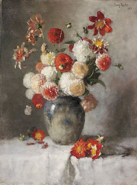Georg Rueter | Dahlia's, olieverf op doek, 85,0 x 64,5 cm, gesigneerd r.b. en gedateerd 1958