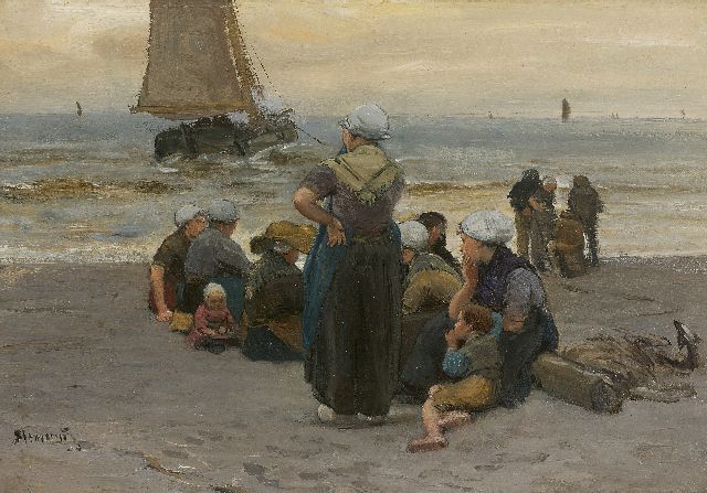 Bernard Blommers | Het vertrek der pinken, olieverf op paneel, 20,7 x 30,1 cm, gesigneerd l.o.